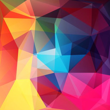 Geometrik desen, çokgen üçgenler sarı, kırmızı, mavi, pembe tonları arka planda vektör. İllüstrasyon model