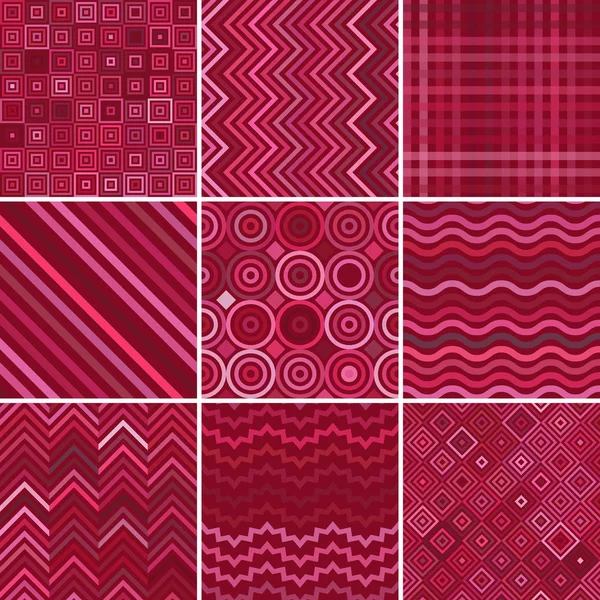 9 シームレスな抽象的な幾何学的なパターン、ベクトル図を設定します。ピンク、紫、赤の色. — ストックベクタ