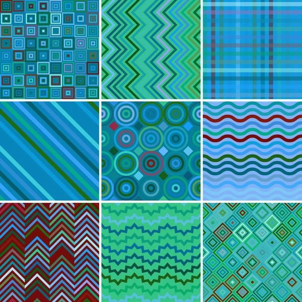 Set con nueve patrones geométricos abstractos sin costura, ilustración vectorial. Verde, colores azules . — Vector de stock