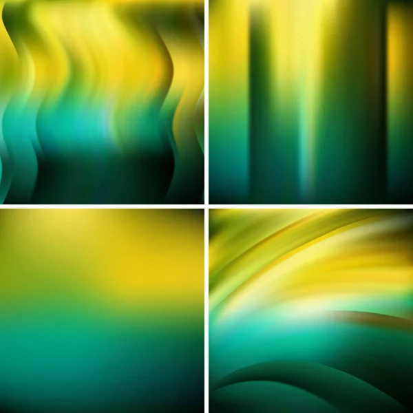 Set di quattro sfondi quadrati. Illustrazione astratta vettoriale di sfondo colorato con linee di luce sfocata. Linee curve. Colori giallo, verde, nero . — Vettoriale Stock
