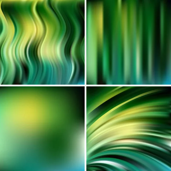 Illustrazione astratta vettoriale di sfondo verde con linee di luce sfocata. Set di quattro sfondi quadrati. Linee curve . — Vettoriale Stock
