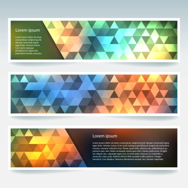 Yatay Banner poligonal üçgenler ile ayarlayın. Çokgen arka plan, vektör çizim. Turuncu, mavi, yeşil renkleri.