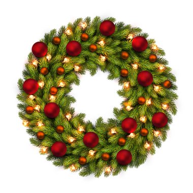 Noel tebrik kartı ve arka plan. Noel çelenk ampuller ile ve kırmızı, turuncu topları. Vektör vektör çizim.