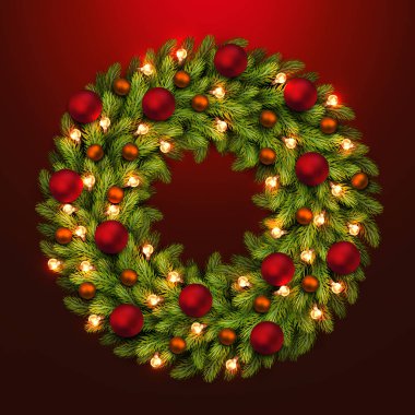 Noel tebrik kartı ve arka plan. Noel çelenk ampuller ve topları ile. Vektör vektör çizim.