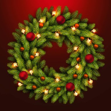 Noel tebrik kartı ve arka plan. Noel çelenk ampuller ve topları ile. Vektör vektör çizim.