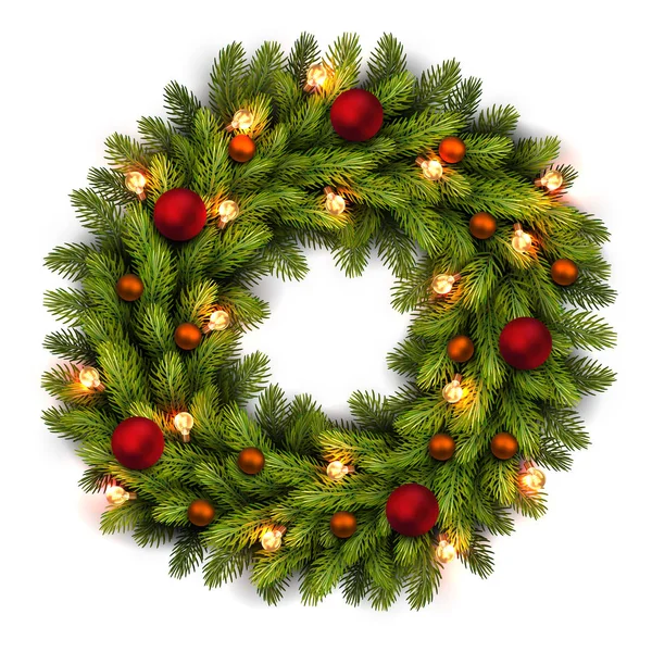 Noel tebrik kartı ve arka plan. Noel çelenk ampuller ile ve kırmızı, turuncu topları. Vektör vektör çizim.