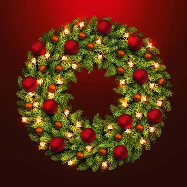 Noel tebrik kartı ve arka plan. Noel çelenk ampuller ve topları ile. Vektör vektör çizim.