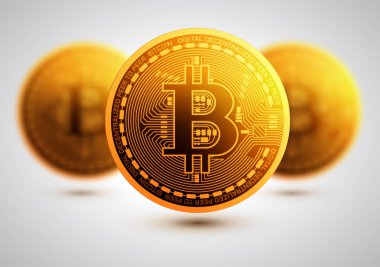 Bitcoin. Fiziksel bit sikke. Dijital para. Altın madeni para ile bitcoin sembolü. Vektör çizim. Cryptocurrency için araştırma veya blockchain teknoloji.