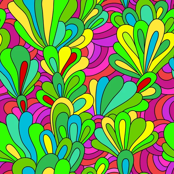 花のシームレスなパターン。手描き花柄のテクスチャです。ピンク、紫、緑、青の色 — ストックベクタ