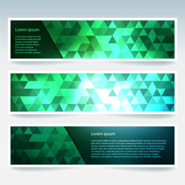 İş tasarım şablonları ile soyut banner. Afiş kümesi poligonal mozaik arka planlar ile. Geometrik üçgen vektör çizim. Yeşil renk