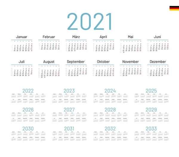 Tysk kalender för 2021. Veckan börjar på måndag — Stock vektor