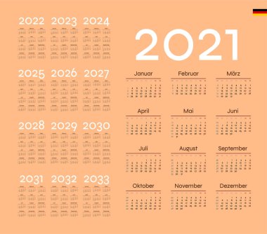 German Calendar for 2021. Week starts on Monday vector