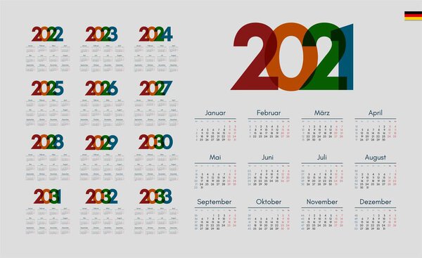 Немецкий календарь на годы 2021-2033, неделя начинается в понедельник
