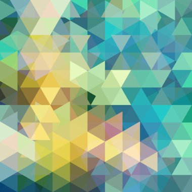 Sarı, yeşil ve mavi üçgenlerden oluşan soyut bir arkaplan. İş sunumları veya web şablonu afişi için geometrik tasarım. Vektör illüstrasyonu