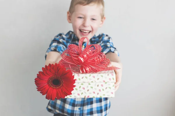 붉은 꽃과 선물 상자를 가진 작은 소년 스톡 사진