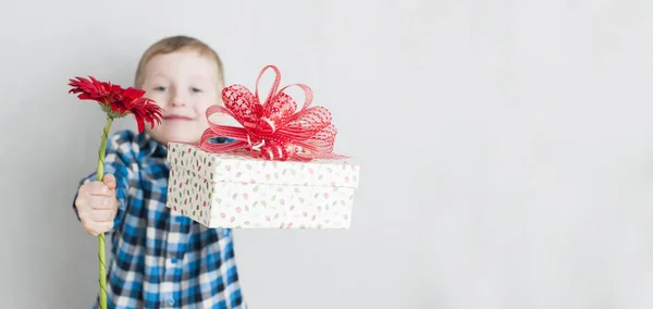 붉은 꽃과 선물 상자를 가진 작은 소년 스톡 이미지