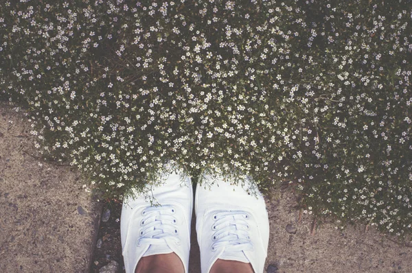 脚和夏天的花 — 图库照片