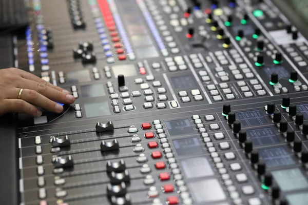 Closeup view of the broadcast audio mixing console — Stock Photo, Image
