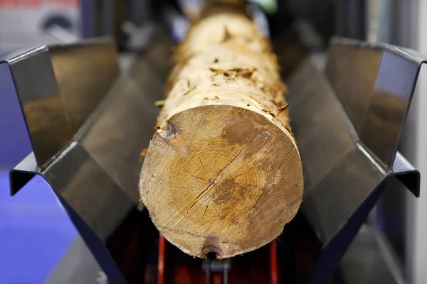 Loupání Dřeva Pomocí Stroje Odkorňování Dřeva Selektivní Zaměření — Stock fotografie