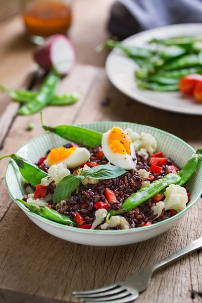 Rice with Boiled egg  and Snow pea salad — Stock Photo, Image