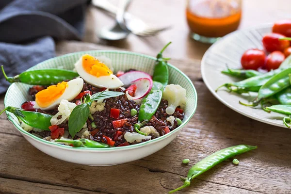 Rijst met gekookte ei en sneeuw erwt salade — Stockfoto