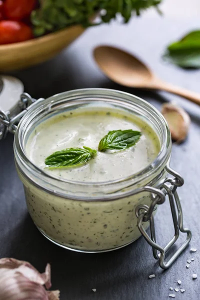 Homemade Basil dressing — Stock Photo, Image