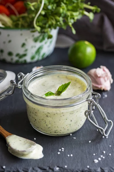 Homemade Basil dressing — Stock Photo, Image