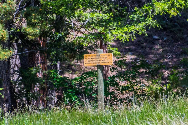 Uma placa de descrição para a trilha na Floresta Nacional de Helena, Montana — Fotografia de Stock