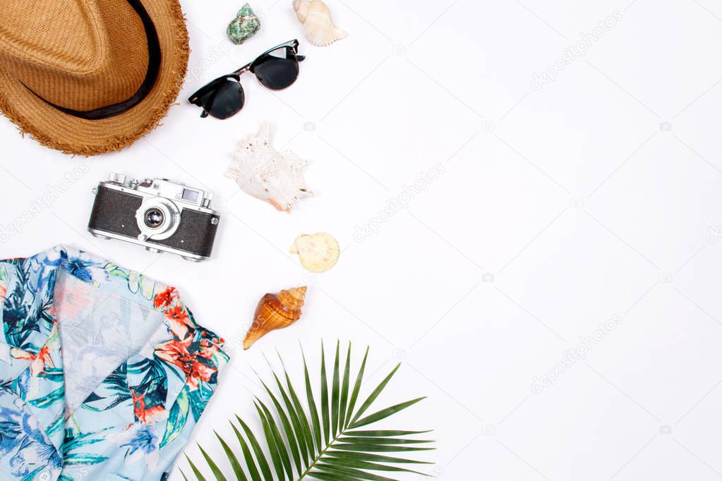 Traveler summer colorful fashion accessory set on white background. Flat lay, top view. Vacation concept. 