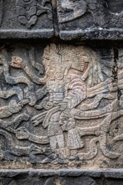 Bir savaşçı bir insan kafası tutarak tasvir eden Antik Maya duvar resmi 