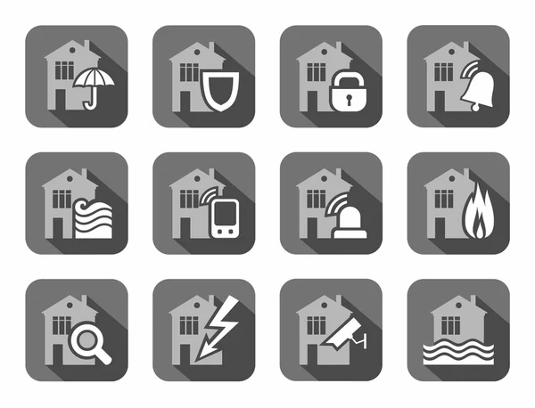 Sistemas de seguridad para el hogar, seguro de hogar, iconos planos, gris . — Vector de stock