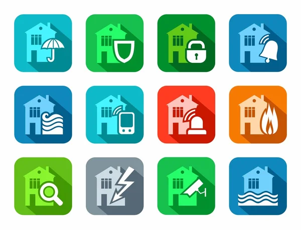 Security of housing and office buildings, icons, colored, flat. — Stock Vector