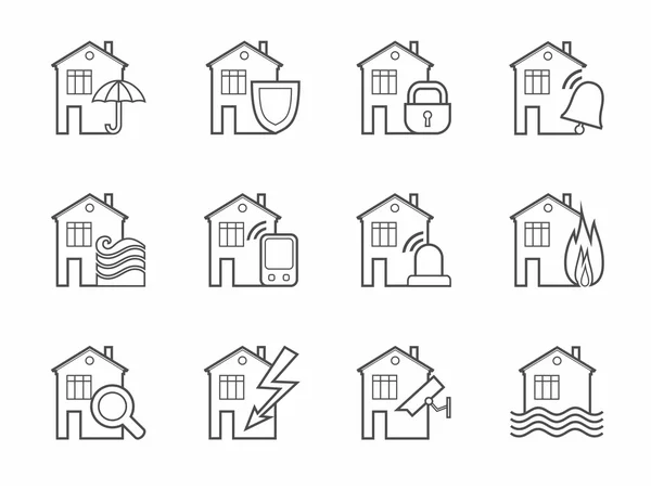 Veiligheid van de huisvesting en bureaugebouwen, pictogrammen, contour. — Stockvector