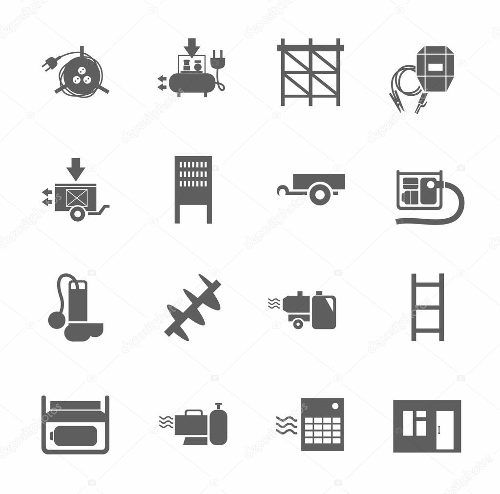 Electric equipment and construction equipment, single-color icons. 