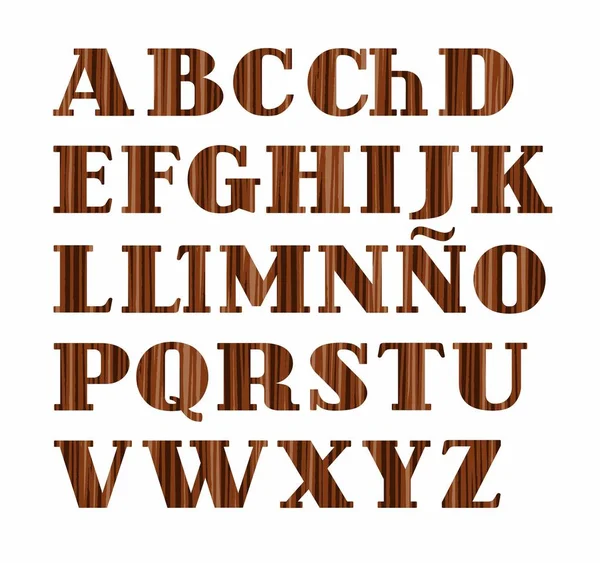 Alfabeto espanhol, letra maiúscula, textura de madeira, imitação, vetor . —  Vetores de Stock