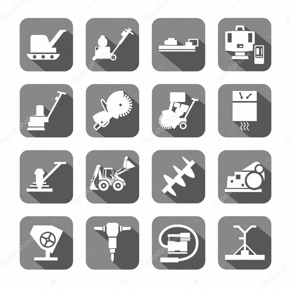 Equipment for working with concrete, construction equipment, icons, gray, flat. 