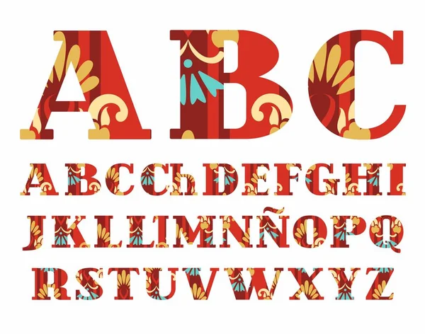 Spanisches Alphabet, goldene Blumen, Vektorschrift, Großbuchstaben, rot. — Stockvektor