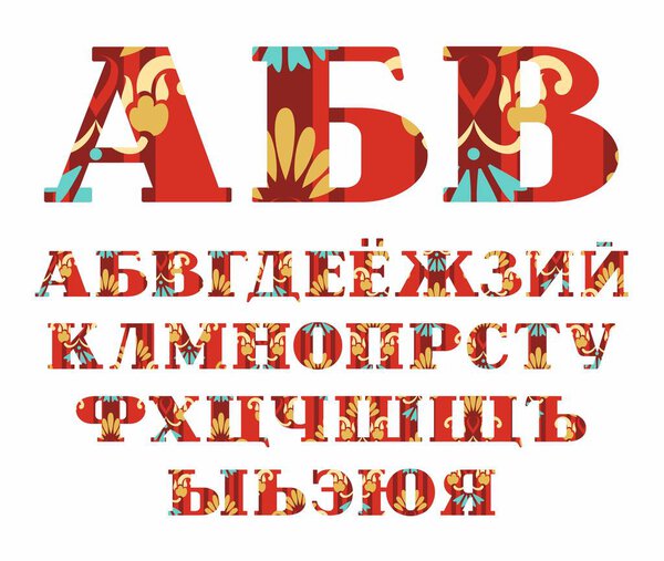 Russian alphabet, Golden flowers, vector font, capital letters, red. 