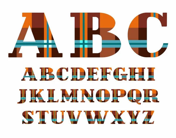 Alphabet anglais, plaid, police vectorielle, lettres majuscules, brun . — Image vectorielle