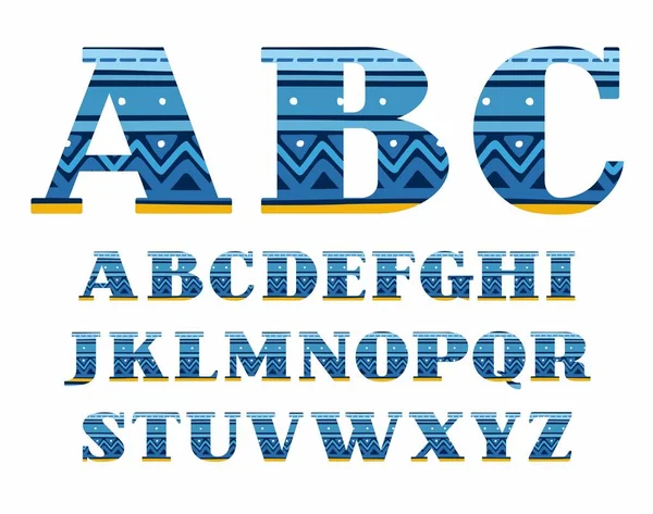 Engels alfabet, folk patroon, blauwe, vector, lettertype, hoofdletters. — Stockvector