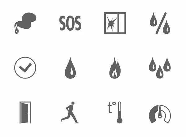 Zabezpečovací, požární detektory, vlhkost vzduchu, pohybu, teplota, tříštění skla, ikony, černobílá. — Stockový vektor