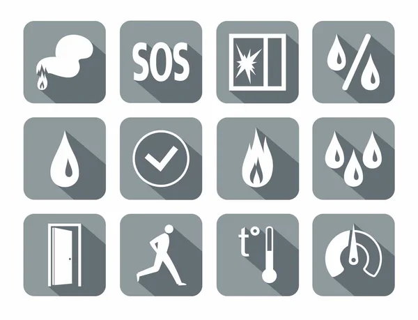 Alarm, brand detectoren, vochtigheid, beweging, temperatuur, glas pauze, pictogrammen, grijs. — Stockvector