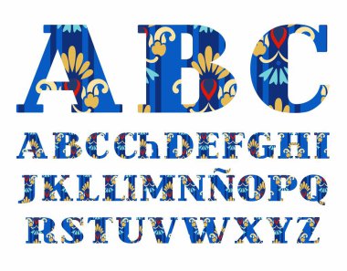 İspanyol alfabesi, altın çiçek, vektörel yazı tipi, büyük harfler ve mavi. 