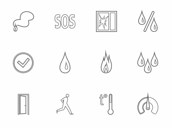 알람, 화재 감지기, 습도, 움직임, 온도, 아이콘, 회색, 컨투어. — 스톡 벡터