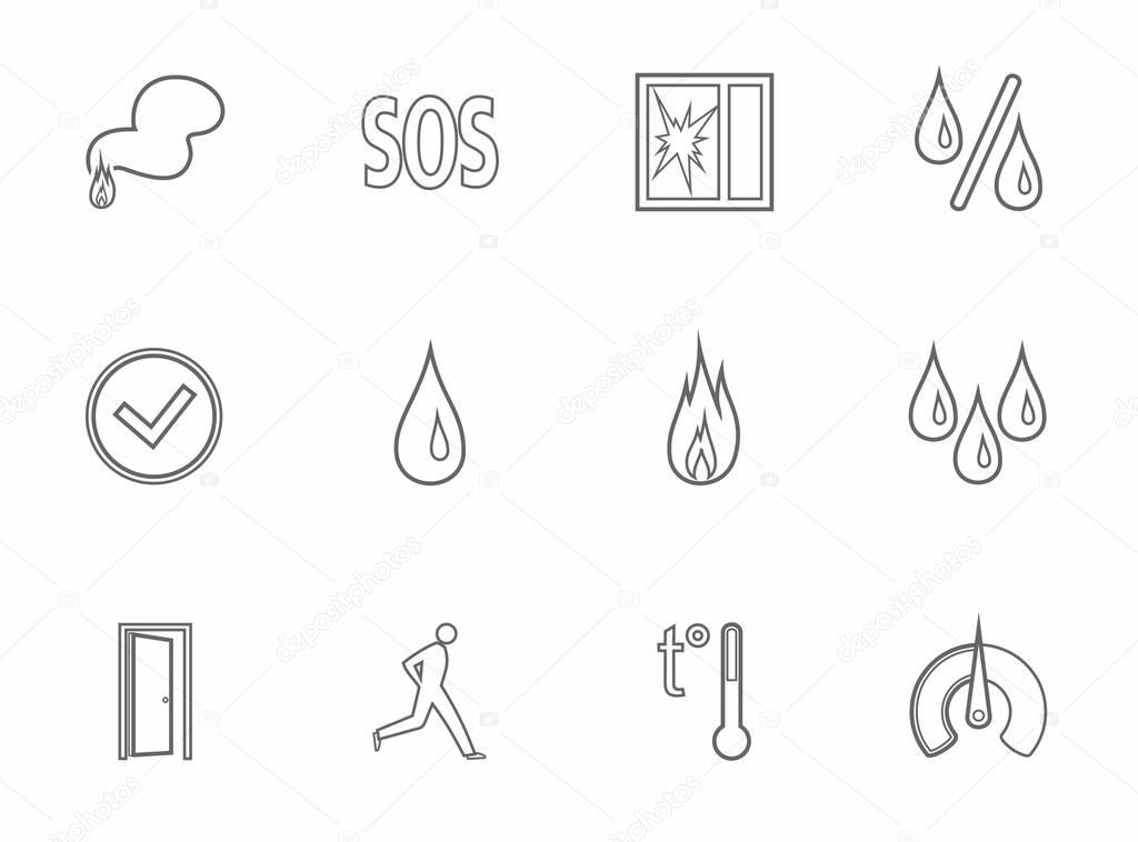 Alarm, fire detectors, humidity, motion, temperature, icons, gray, contour.  