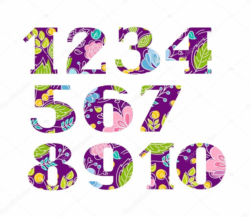 Numbers serif, flowers on purple background, vector. 