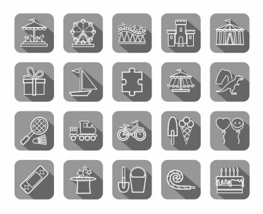 Çocuk oyunları ve eğlence, simgeler, gri, daire, çizgi, vektör. 