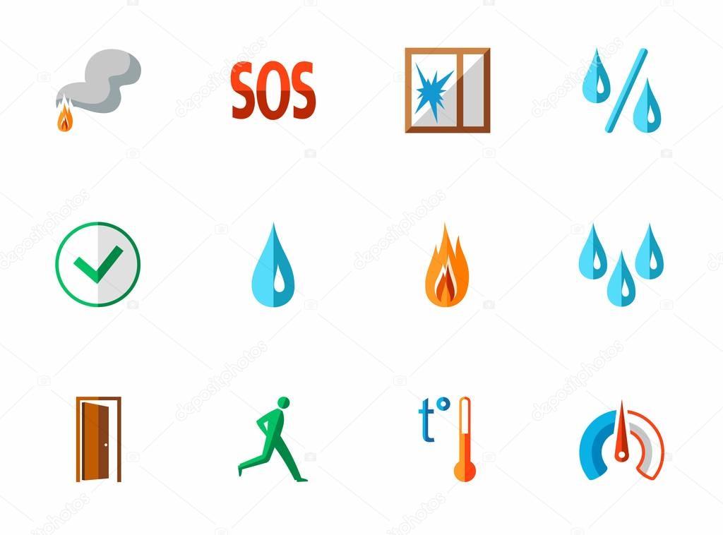 Alarm, fire detectors, humidity, motion, temperature, icons, colored, flat. 