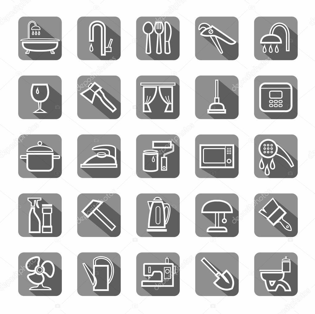 Household goods, tools, appliances, icons, flat, vector. 