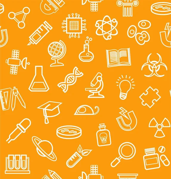Ciência, fundo laranja, ícones esboço, monocromático, sem costura, vetor . —  Vetores de Stock